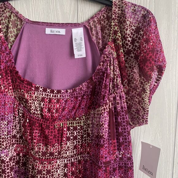 Liz & Co Purple Print Sheer Lines Short Sleeve Blouse Size XL NWT - Picture 2 of 3
